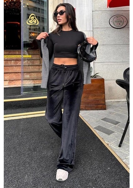 Koyu Siyah Bol Paça Kadife Pantolon MG2283 modelleri