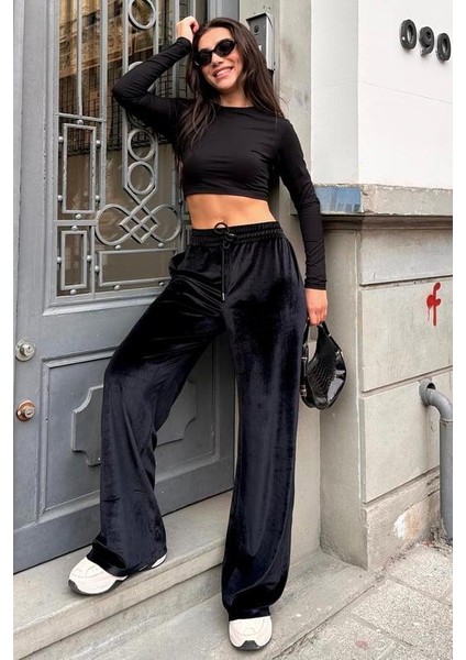 Koyu Siyah Bol Paça Kadife Pantolon MG2283