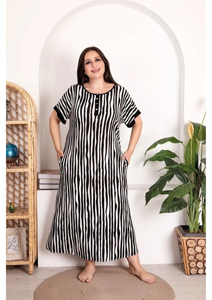 Lady Lingerie Büyük Beden Çizgili Yaka Düğmeli Elbise