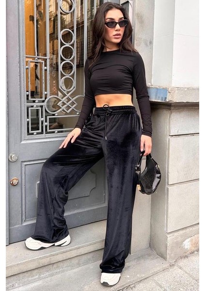 Koyu Siyah Bol Paça Kadife Pantolon MG2283