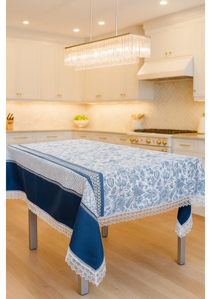 Lüks Mavi Beyaz Çiçek Desenli Masa Örtüsü Dantel Detaylı Şık Ev Dekoratif Sofra Örtüsü