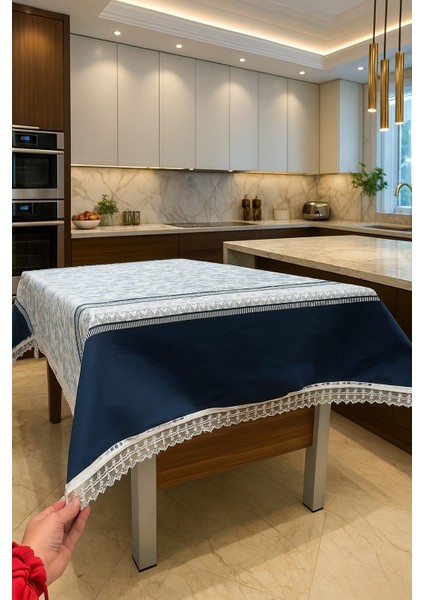 Lüks Mavi Beyaz Çiçek Desenli Masa Örtüsü Dantel Detaylı Şık Ev Dekoratif Sofra Örtüsü fiyatları