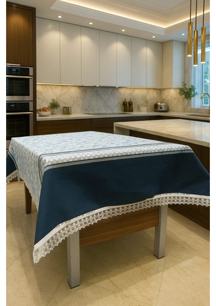Lüks Mavi Beyaz Çiçek Desenli Masa Örtüsü Dantel Detaylı Şık Ev Dekoratif Sofra Örtüsü modelleri