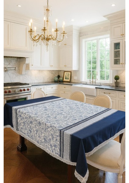 Lüks Mavi Beyaz Çiçek Desenli Masa Örtüsü Dantel Detaylı Şık Ev Dekoratif Sofra Örtüsü fırsatları