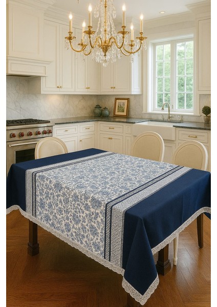 Lüks Mavi Beyaz Çiçek Desenli Masa Örtüsü Dantel Detaylı Şık Ev Dekoratif Sofra Örtüsü indirimleri