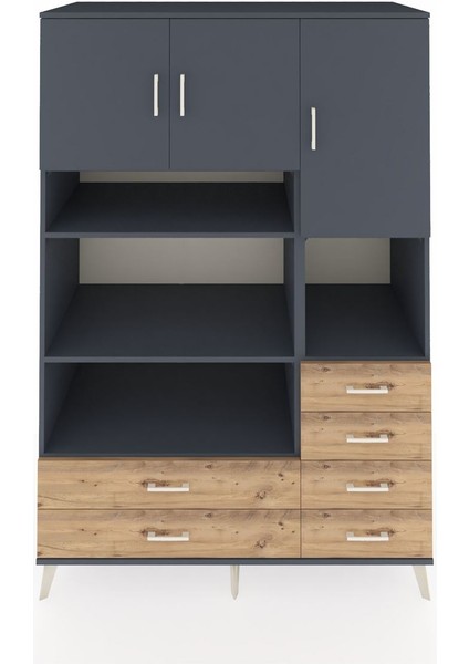 Kronos Dolap 9 Raflı 6 Çekmeceli 3 Kapaklı 132X59X195 Antrasit-Antrasit/çam