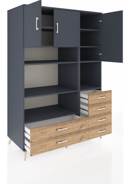 Kronos Dolap 9 Raflı 6 Çekmeceli 3 Kapaklı 132X59X195 Antrasit-Antrasit/çam indirimleri