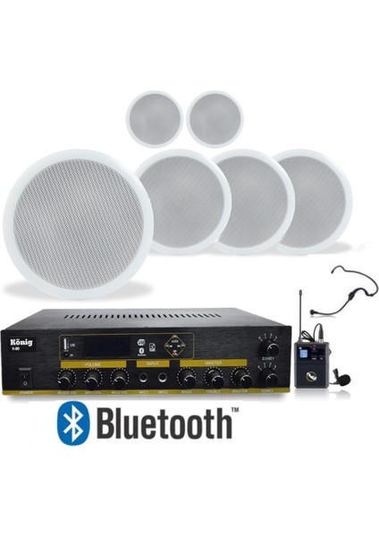 6’li Tavan Hoparlörlü Yaka Mikrofonlu Bluetooth Anfi Ses Sistemi Seti