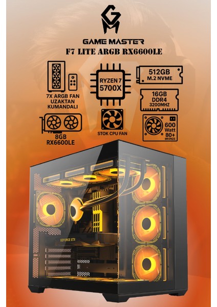 F7 Lite Argb RX6600LE Ryzen 7 5700X Cpu 16GB Ddr4 Ram 512GB M.2 SSD RX6600LE 8gb 7x Fanlı Gaming Pc