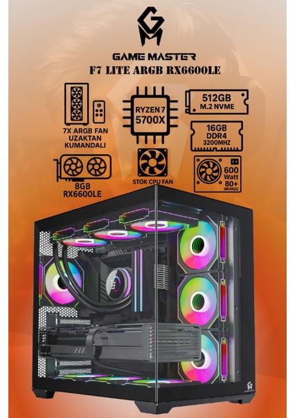 F7 Lite Argb RX6600LE Ryzen 7 5700X Cpu 16GB Ddr4 Ram 512GB M.2 SSD RX6600LE 8gb 7x Fanlı Gaming Pc fiyatları