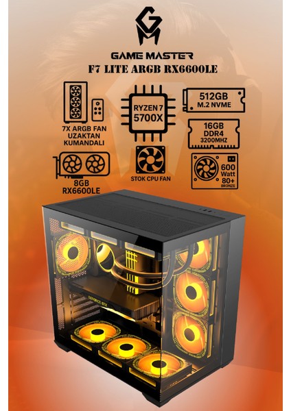 F7 Lite Argb RX6600LE Ryzen 7 5700X Cpu 16GB Ddr4 Ram 512GB M.2 SSD RX6600LE 8gb 7x Fanlı Gaming Pc modelleri