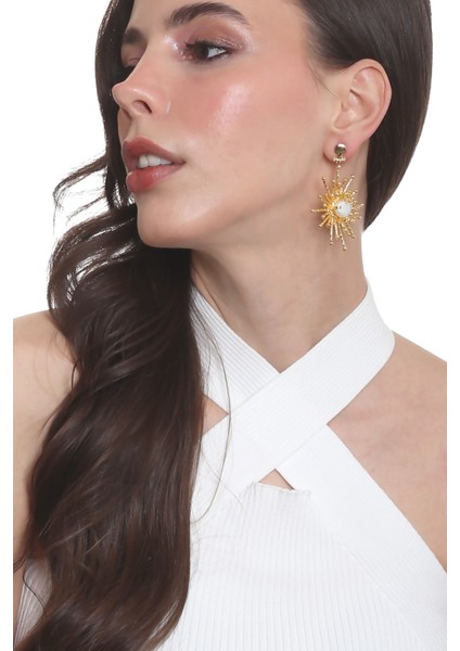 Kadın Altın Renk Kaplama Sedef Detaylı Çivili Model Büyük Güneş Küpe modelleri