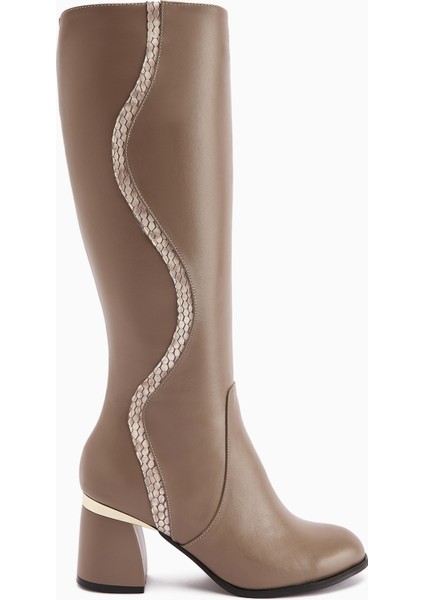 Kaylin Hakiki Deri Vizon Yılan Desenli Detaylı Kadın Topuklu Çizme