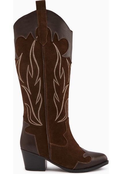 Lara Hakiki Deri Kahve Süet Nakışlı Deri Detaylı Topuklu Western Çizme