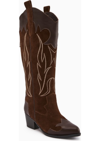 Lara Hakiki Deri Kahve Süet Nakışlı Deri Detaylı Topuklu Western Çizme fiyatları