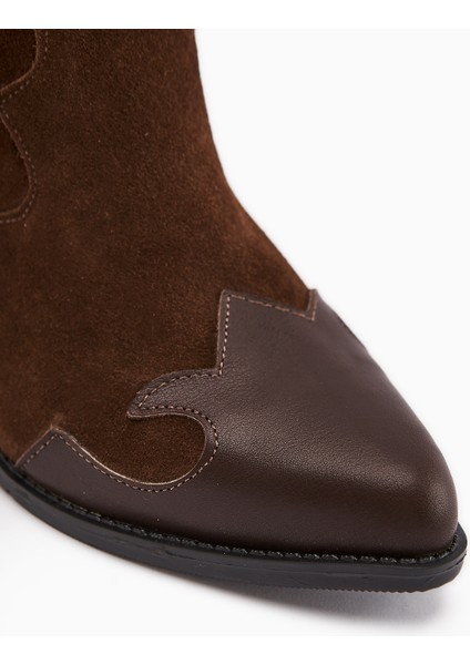 Lara Hakiki Deri Kahve Süet Nakışlı Deri Detaylı Topuklu Western Çizme modelleri