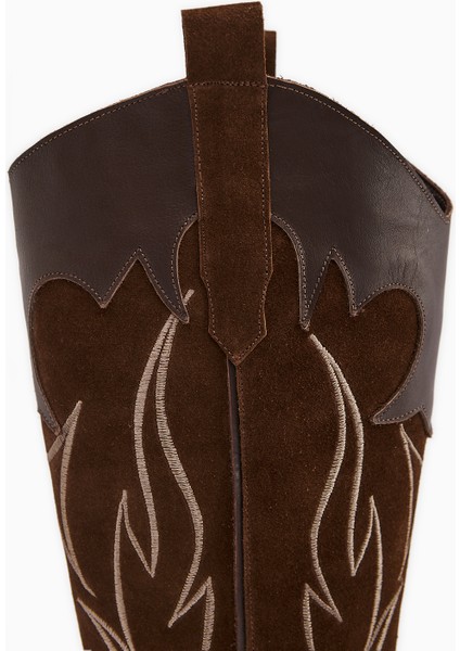 Lara Hakiki Deri Kahve Süet Nakışlı Deri Detaylı Topuklu Western Çizme indirimleri