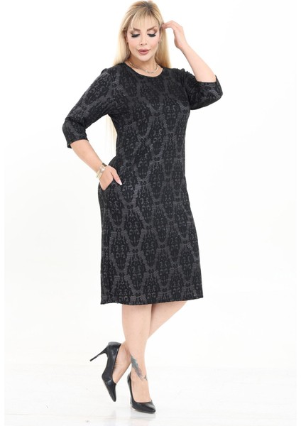 Çift Cepli Desenli Esnek Kışlık Büyük Beden Midi Elbise 26A-2720 fiyatları