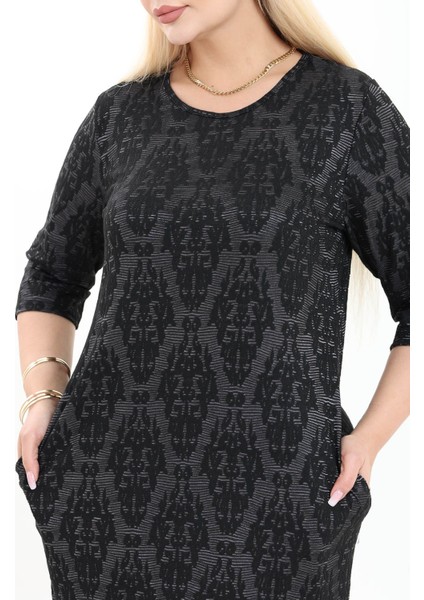 Çift Cepli Desenli Esnek Kışlık Büyük Beden Midi Elbise 26A-2720 modelleri