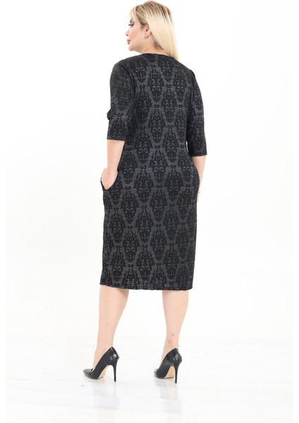 Çift Cepli Desenli Esnek Kışlık Büyük Beden Midi Elbise 26A-2720 indirimleri