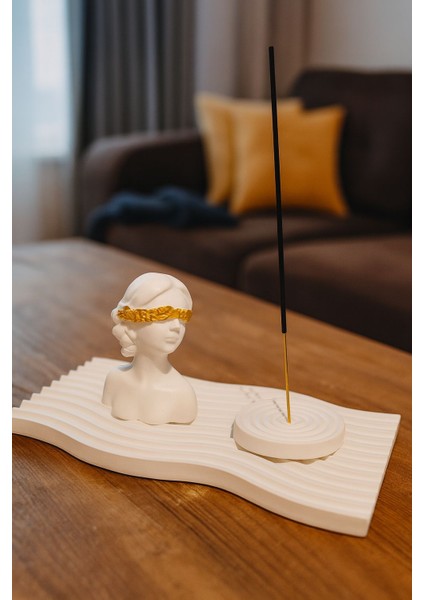 Beyaz Atölye Dalga Formlu Zemin ve Heykel Büstlü Tütsü Standı