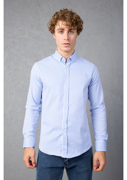 Çizgili Pamuk Likralı Slim Fit Erkek Gömlek