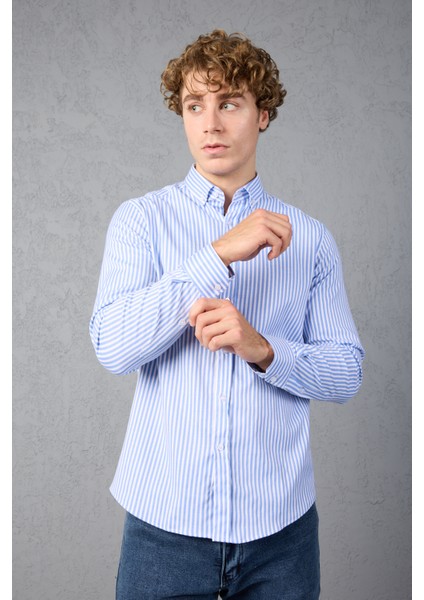 Çizgili Pamuk Likralı Slim Fit Erkek Gömlek fırsatları