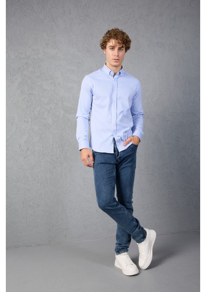 Çizgili Pamuk Likralı Slim Fit Erkek Gömlek