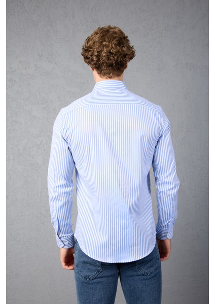 Çizgili Pamuk Likralı Slim Fit Erkek Gömlek