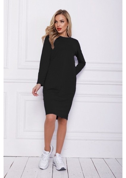 Kadın Uzun Kollu Bisiklet Yaka Cep Detay Etek Ucu Volanlı Iki Iplik Elbise