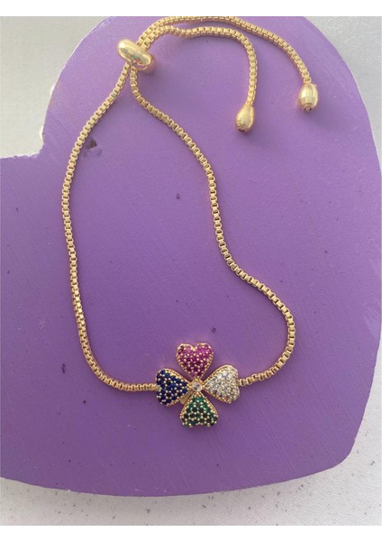 Yonca Yapraklı Parlak Taşlı Ayarlabilir Bileklik Altın Renk fiyatları