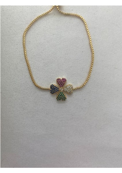 Yonca Yapraklı Parlak Taşlı Ayarlabilir Bileklik Altın Renk fırsatları