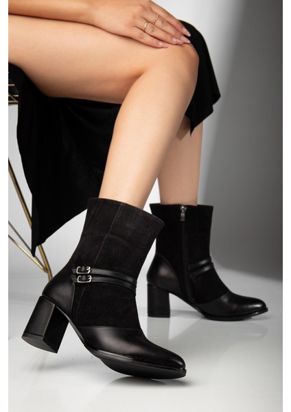Kadın Siyah Süet Hakiki Deri Çift Tokalı Sivri Burun Özel Tasarım Premium Kadın Topuklu Bot