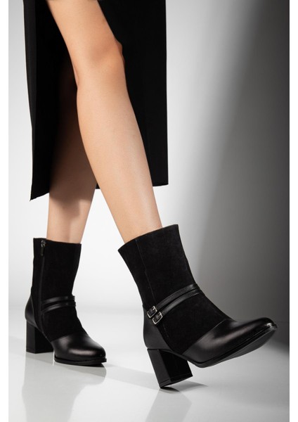 Kadın Siyah Süet Hakiki Deri Çift Tokalı Sivri Burun Özel Tasarım Premium Kadın Topuklu Bot fiyatları