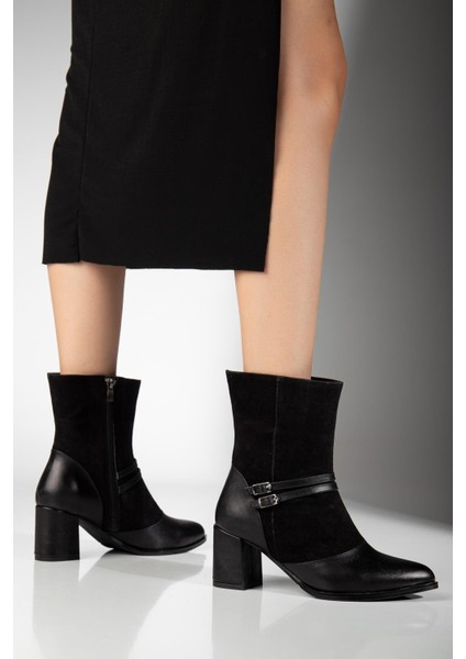 Kadın Siyah Süet Hakiki Deri Çift Tokalı Sivri Burun Özel Tasarım Premium Kadın Topuklu Bot modelleri