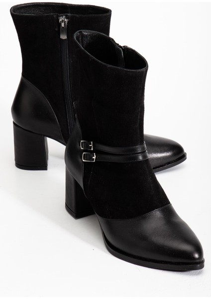 Kadın Siyah Süet Hakiki Deri Çift Tokalı Sivri Burun Özel Tasarım Premium Kadın Topuklu Bot fırsatları