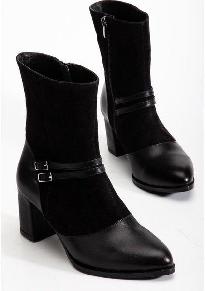 Kadın Siyah Süet Hakiki Deri Çift Tokalı Sivri Burun Özel Tasarım Premium Kadın Topuklu Bot indirimleri