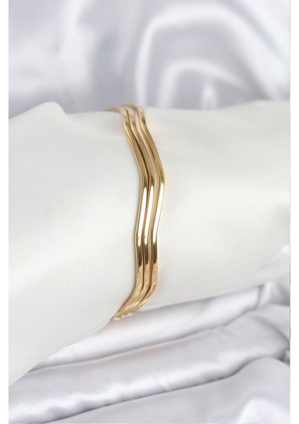 316L Çelik Gold Renk 65 mm Ajda Zikzak Model 3lü Kadın Bileklik