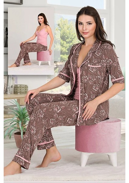 Lady Desenli Viskon Kumaş Kısa Kollu Gömlekli ve Askılı 3 Lü Pijama Takımı