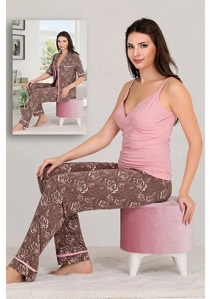 Lady Desenli Viskon Kumaş Kısa Kollu Gömlekli ve Askılı 3 Lü Pijama Takımı fiyatları