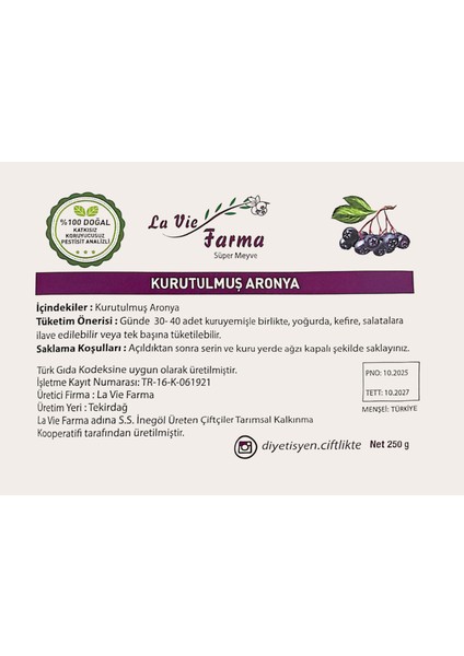 Kurutulmuş Aronya (250 G) Pestisit Analizli, Yeni Hasat fiyatları