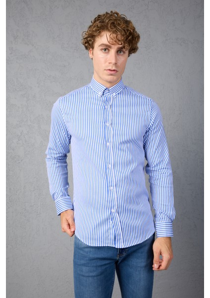 Çizgili Pamuk Likralı Slim Fit Erkek Gömlek