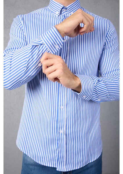 Çizgili Pamuk Likralı Slim Fit Erkek Gömlek fırsatları