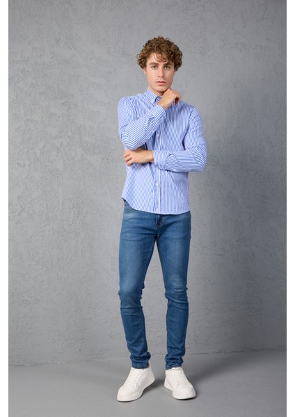 Çizgili Pamuk Likralı Slim Fit Erkek Gömlek indirimleri