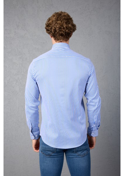 Çizgili Pamuk Likralı Slim Fit Erkek Gömlek