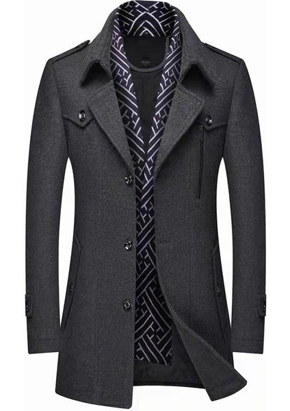 Erkek Yünlü Ceket Sonbahar ve Kış Erkek Eşarp Yaka Mont Kaban