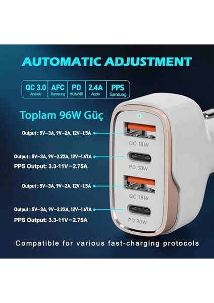 MT36 4 Portlu Type-C USB Araç Hızlı Şarj Çakmaklık Toplamda 96W Şarj Gücü Qc 3.0 18W Pd 30W Turbo Şarj Desteklemez (Beyaz) fiyatları