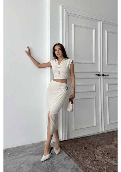 Bej Keten Gömlek ve Etek Takım fiyatları