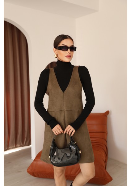 Haki Süet V Yaka Diz Üstü Panel Detaylı Kadın Elbise fiyatları