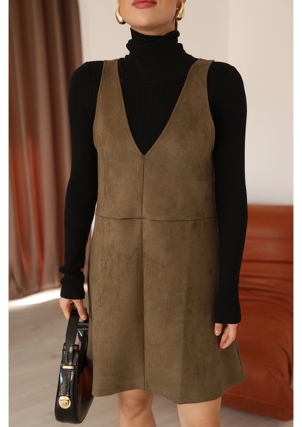 Haki Süet V Yaka Diz Üstü Panel Detaylı Kadın Elbise modelleri